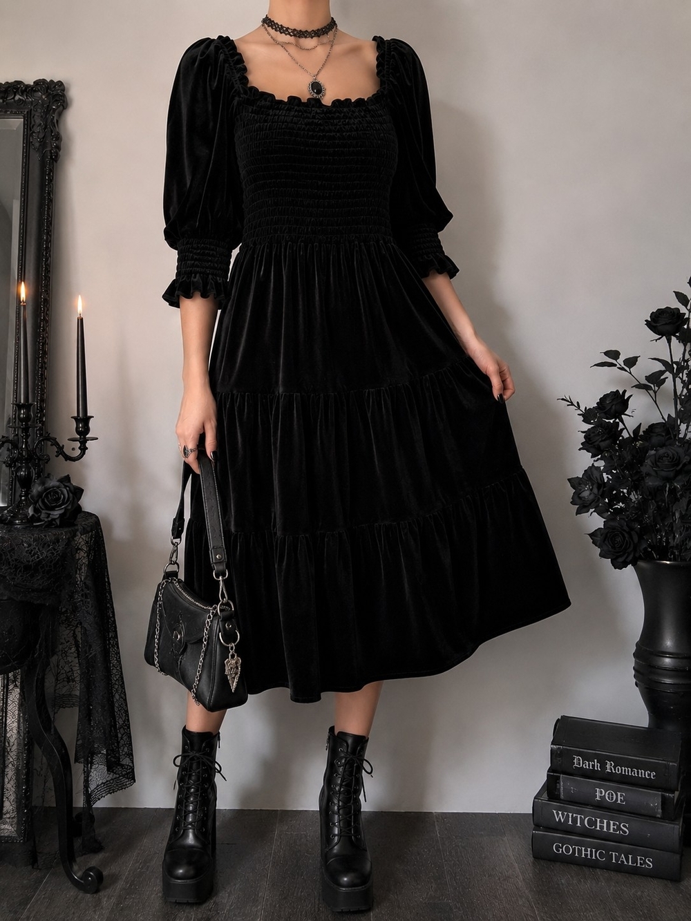 Black Velvet Smocked Midi Dress Puff Sleeve Tiered Goth Fall Prairie M 8/10